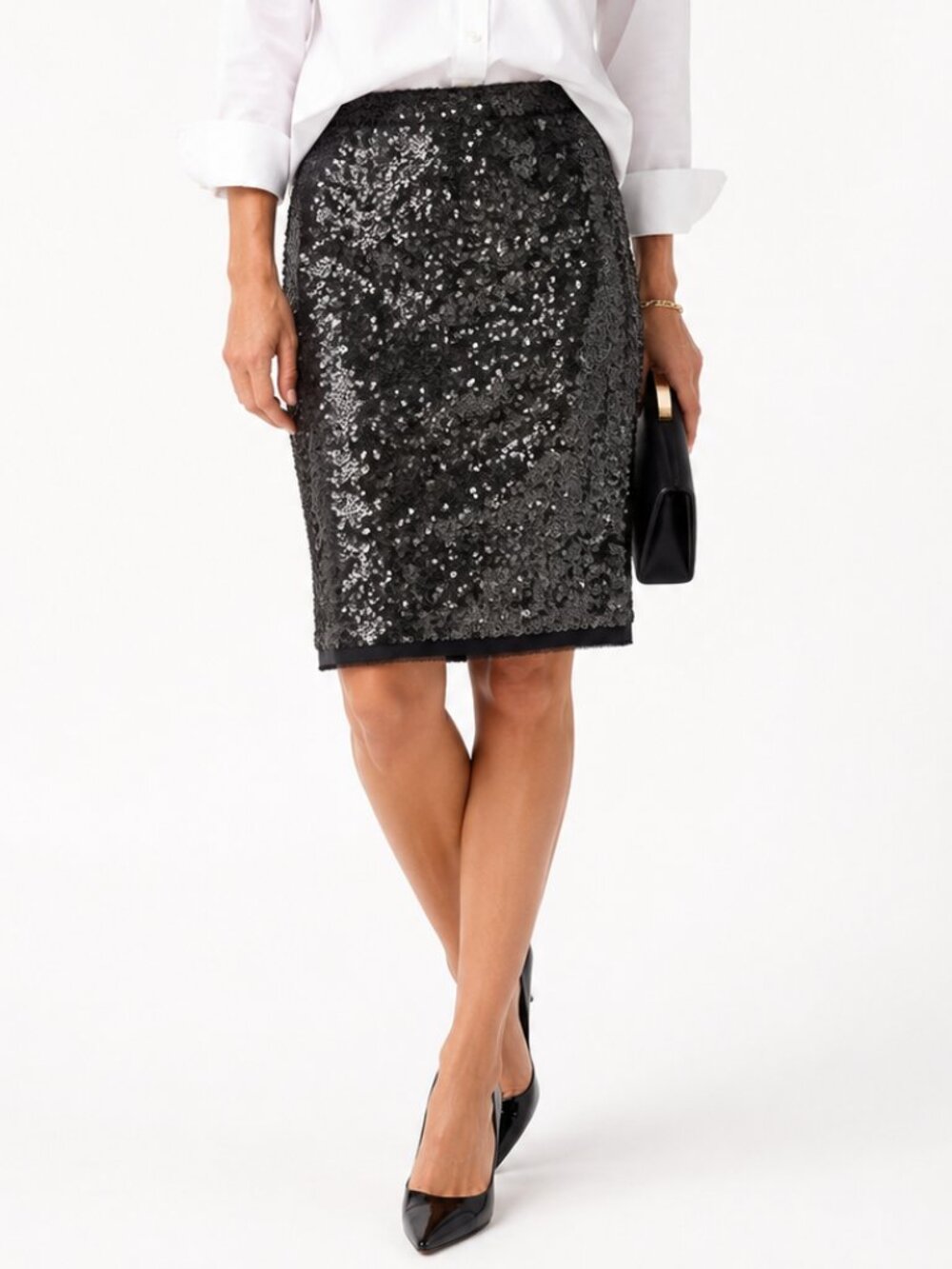 Talbots Black Sequin Silk‎ Pencil Skirt Size 6 Holiday Cocktail Party